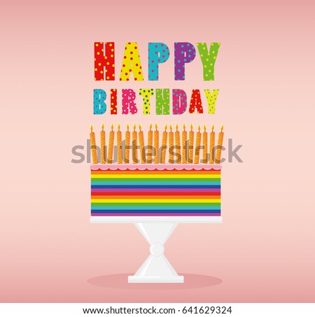 A festive multicolored and iridescent big cake with candles on a stand. Happy Birthday. Greeting card or invitation for a holiday. Vector