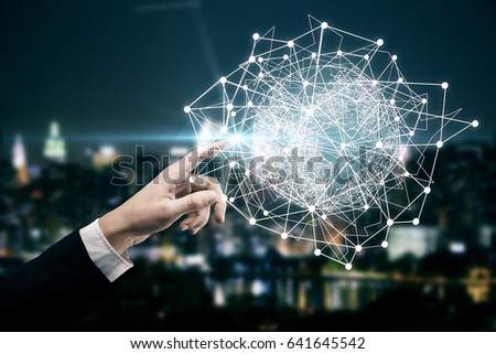 Male hand pointing at abstract digital globe with connections on night city background. Business communications concept
