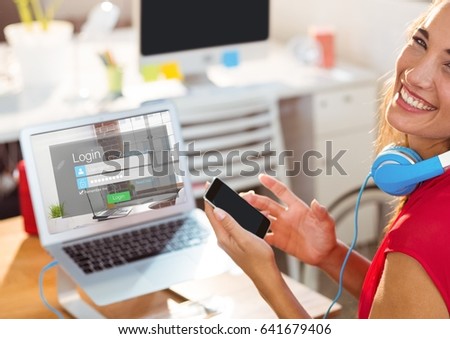 Digital composite of Happy woman in the work with laptop and phone. The screen of the laptop is login