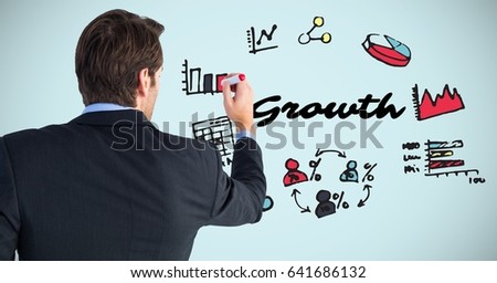 Digital composite of Back of business man with marker against growth doodles and blue background