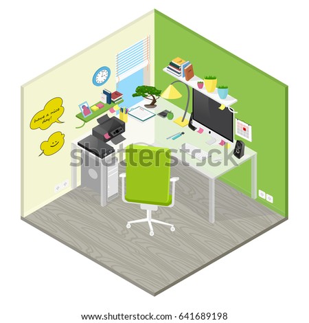 Raster isometric office workplace with objects and furniture. Green, yellow and white colors.  Detailed 3D infographic in flat style. Bright clip art elements for your design.