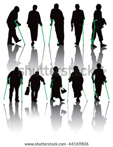 Ten old and disabled people silhouettes. Vector illustration with shadows on white background.