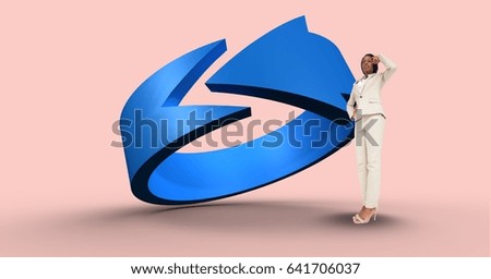 Digital composite of Thoughtful businesswoman by blue arrow sign