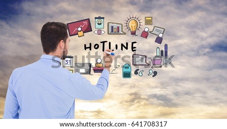 Digital composite of Rear view of businessman drawing graphics with text on screen