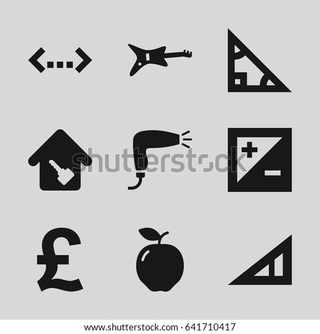 Geometric icons set. set of 9 geometric filled icons such as apple, triangle ruler, hair dryer, light exposure, home key, guitar, triangle, pound
