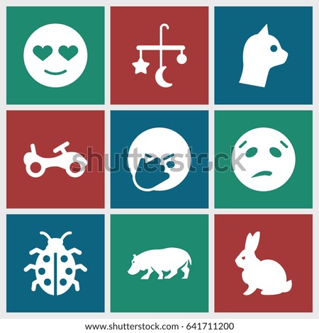 Cute icons set. set of 9 cute filled icons such as rabbit, hippopotamus, bed mobile, bike, emot in love, sweating emot, facepalm emot, ladybug