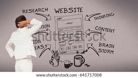 Digital composite of Confused businessman looking at computer website amidst various icons on brown background
