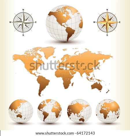 Earth globes with detailed world map, vector.