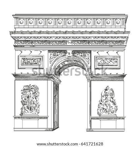 Triumphal Arch (Landmark of Paris, France) vector isolated hand drawing illustration in black color on white background Royalty-Free Stock Photo #641721628