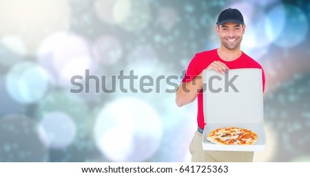 Digital composite of Delivery man showing pizza over bokeh