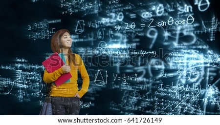 Digital composite of Digital composite image of female student looking at math equations