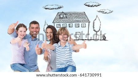 Digital composite of Happy family showing thumbs up sign with house in background