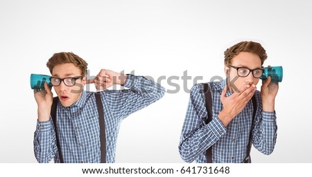 Digital composite of Multiple image of man listening through glass