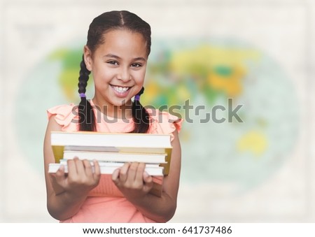 Digital composite of Girl with books against blurry map