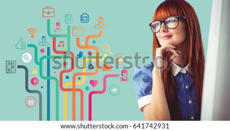 Digital composite of Woman at computer and business graphic against aqua background