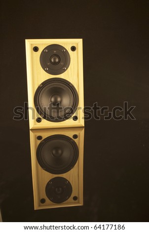Royalty free stock image of a speaker isolated on black and on a black reflective surface with copy space to the right
