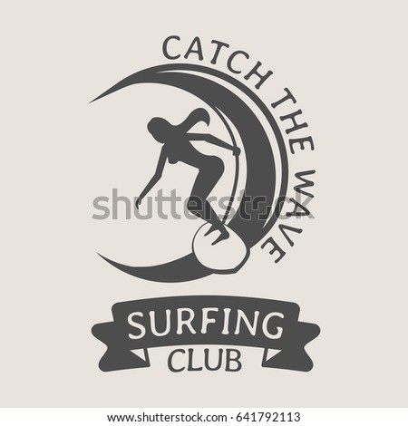 Surfing club logo or symbol design with woman riding on surfboard