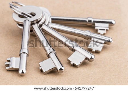 Old silver-color metal keys with key chain on wooden background 