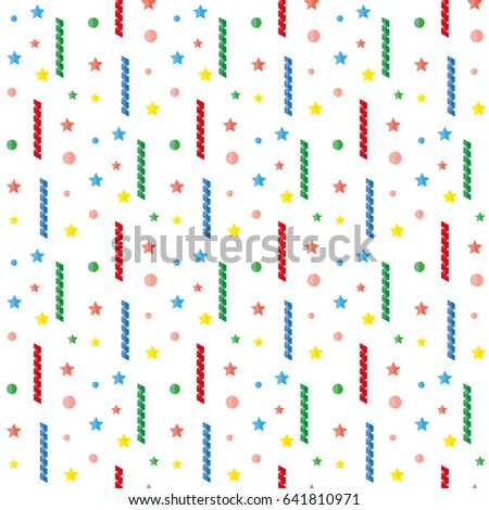 Serpentine, tinsel, sequins, confetti. Seamless pattern on white background. Vector illustration. Flat design style Swatch inside