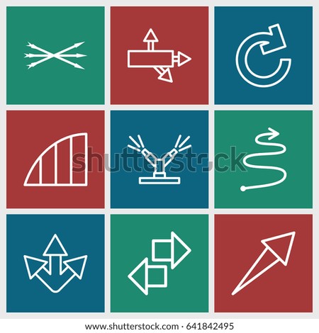 Arrows icons set. set of 9 arrows outline icons such as angle, watering system, curved arrow, arrow bow, arrow