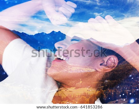 Double exposure of happy woman in the morning and beautiful autumnal mountainscape