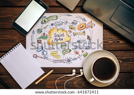 Top view of working place - Social media and Social Network Marketing concept, funny picture of modern internet communication trends. Cup of coffee, laptop, phone, notepad, headphones, wooden table
