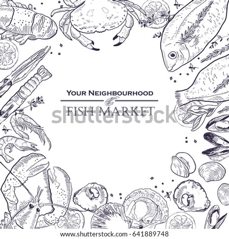 Hand drawn seafood board with lettering in the middle. FISH MARKET. Vector illustration