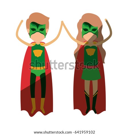 colorful silhouette with faceless couple of superheroes flying vertically and shading vector illustration
