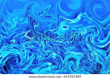 Abstract blue swirls over water surface. Distorted photo image. Paint color mix.