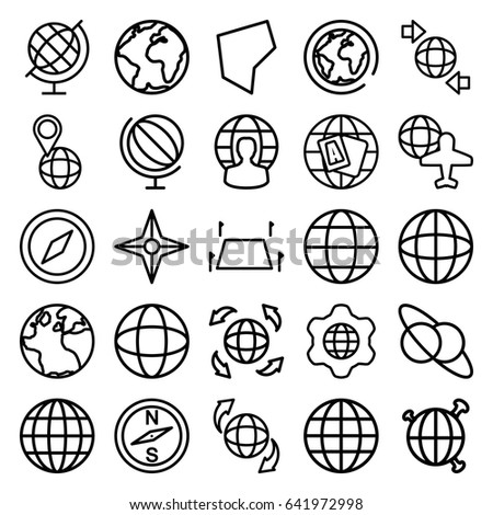 Geography icons set. set of 25 geography outline icons such as globe, globe and plane, land territory, compass, planet and satellite