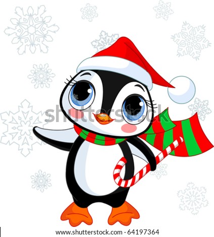 Cute Christmas penguin with Santa?s hat and scarf