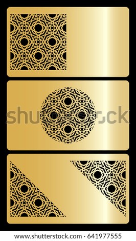set of 3 gold color discount or business card. template for cut out. geometric ornament. vector illustration