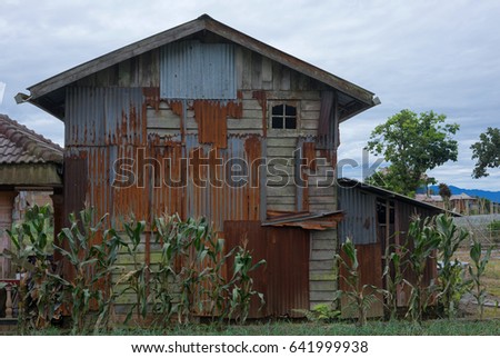 Old rusty abandoned rural house in countryside area. Grass and green corn in front. Royalty-Free Stock Photo #641999938