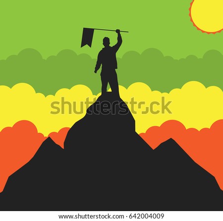 Winner silhouette holding a flag on mountain top. Flat vector Illustration.