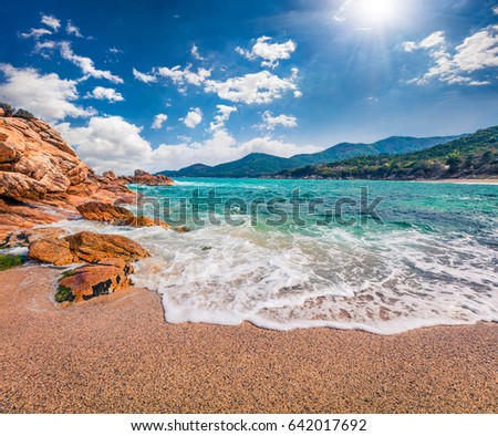 Azure summer seascape of Aegean Sea. Beautiful marine landscape of Cuba Beach, Olimpiada village location, Greece, Europe. Beauty of nature concept background.