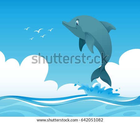Ocean scene with dolphin jumping up illustration