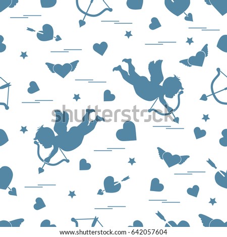 Cute seamless pattern with cupid shoots a bow and hearts. Love symbol. Design for banner, poster or print. 