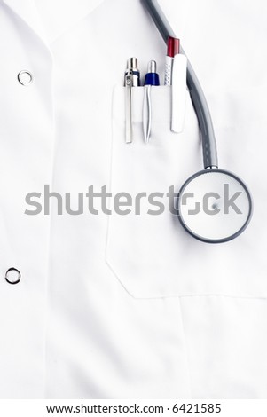 stethoscope and ballpoints on doctor's lab coat