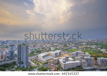bird eye view a city of bangkok and blue of sky with clouds in the evening