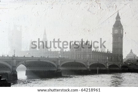 texture of canvas with Buildings of Parliament in London UK view from Themes river.