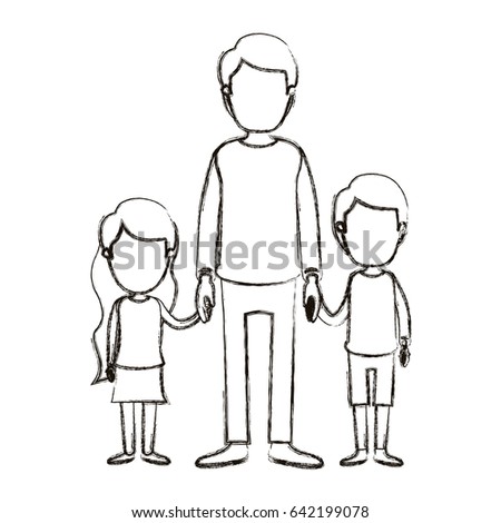 blurred silhouette caricature faceless full body man taken hand with girl and boy vector illustration
