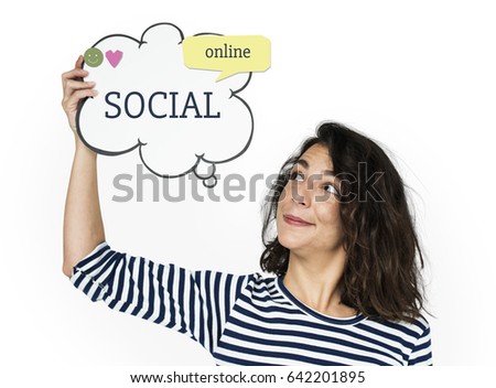 Woman holding network graphic overlay chat box