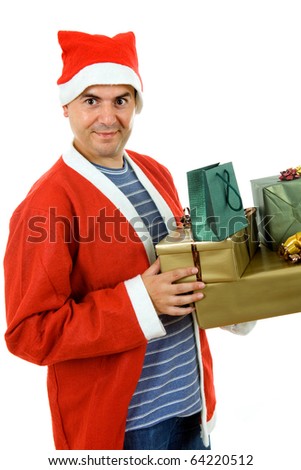 young man with santa hat holding some gifts, isolated