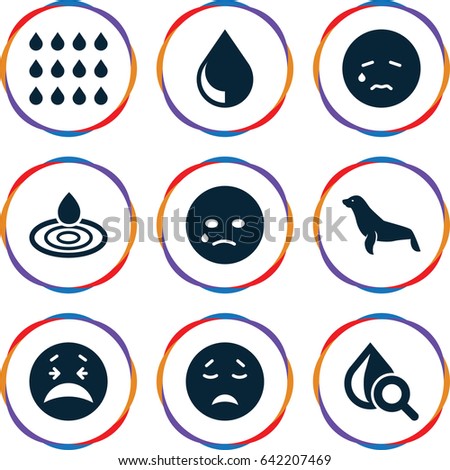 Aqua icons set. set of 9 aqua filled icons such as seal, water drop, crying emot, drop under magnifier