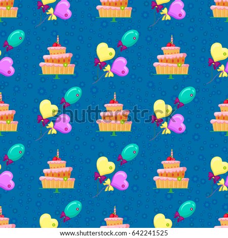 Seamless pattern with cartoon balloons,cakes with red strawberries,candle,flower.sweets with pink cream.Vector illustration for children's on birthday.Print to print on fabric, gift wrapping paper.