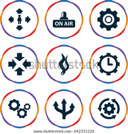 Motion icons set. set of 9 motion filled icons such as man move, open air, clock in gear, gear, smoke, gear rotate, move
