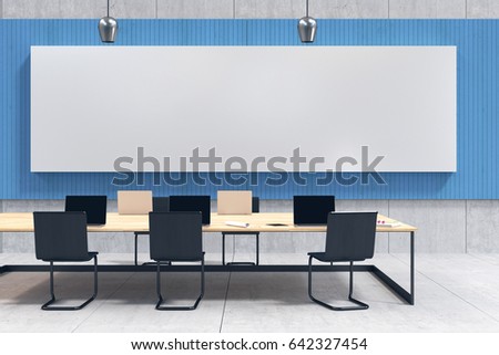 3D Rendering : illustration of modern interior Creative office with laptop. conference lab computer work space. work place of graphic design. frame hanging mock up. clipping path included