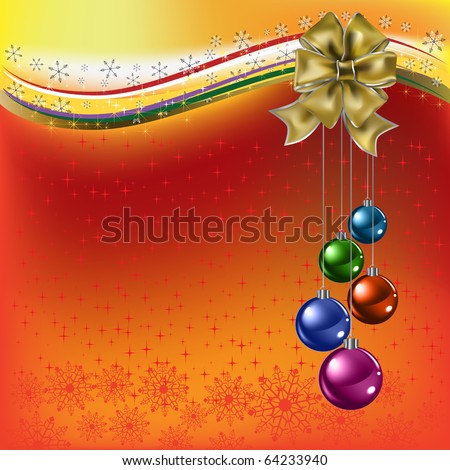 christmas greeting gold bow with colored balls on a red background