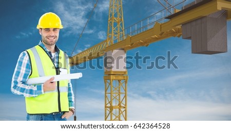 Digital composite of Architect holding blue prints against crane