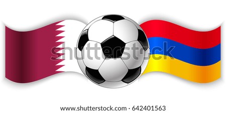 Qatari and Armenian wavy flags with football ball. Qatar combined with Armenia isolated on white. Football match or international sport competition concept.